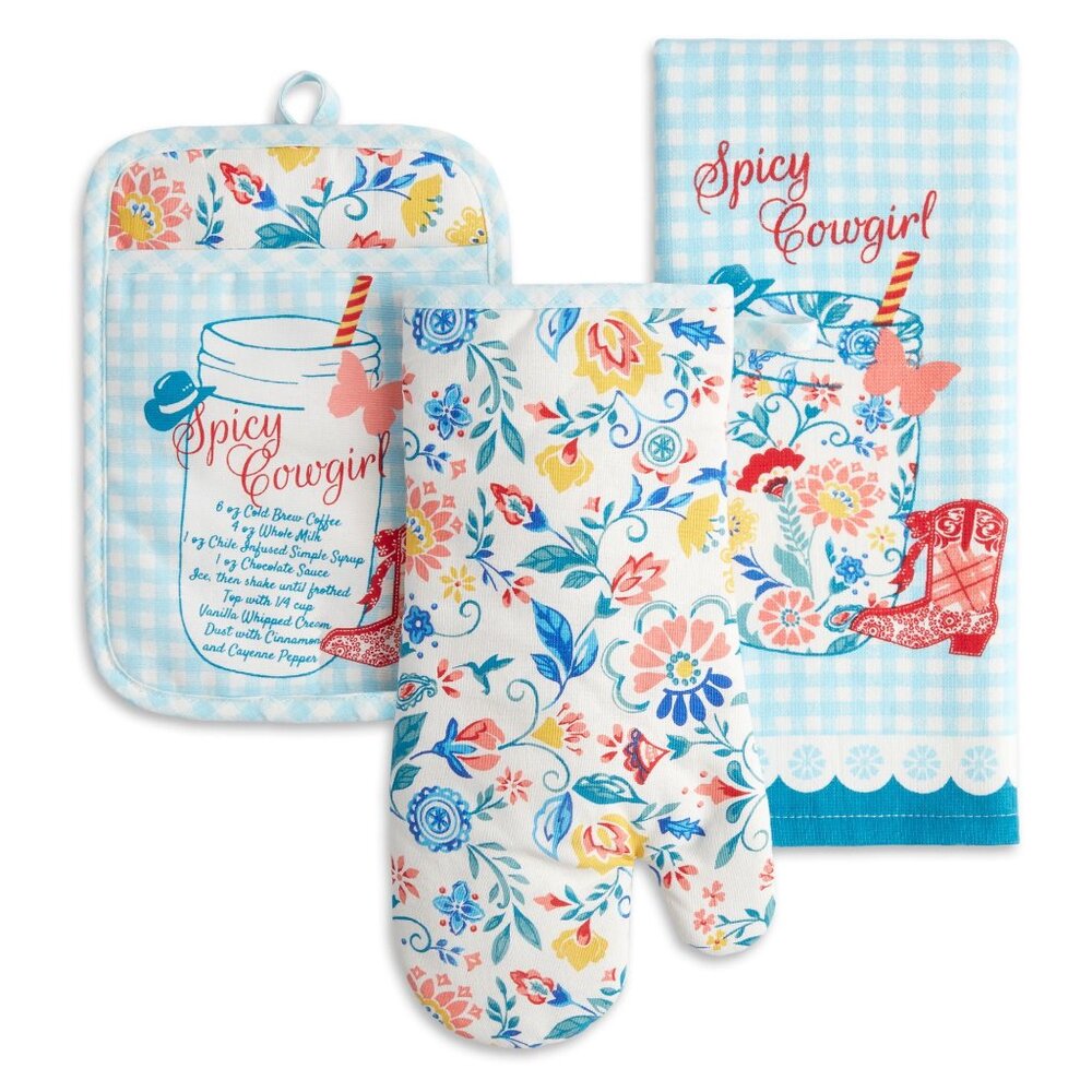 Pioneer Woman Spicy Cowgirl 3 Piece Kitchen Set Towel Oven Mitt Pot Holder NEW